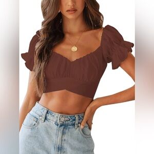 Women’s Ruffle Short Sleeves Tie Up Back Crop Top Off Shoulder Size Small